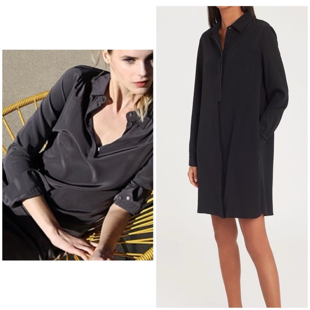 Cuyana Gathered Silk Shirt Dress Black Chic Minimalist Preppy Classic Size Small